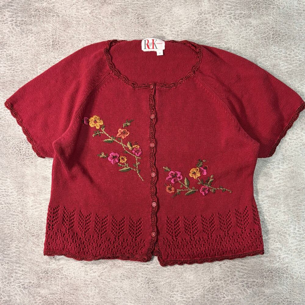 Vintage Floral Knit R&K Embroidered Short Sleeve Cardigan